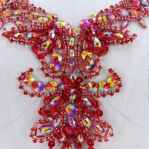 Applique en dentelle avec strass et perles lourdes - Patchs à coudre sur costumes - Pour projets d'artisanat (rouge) - Nail Gallerys