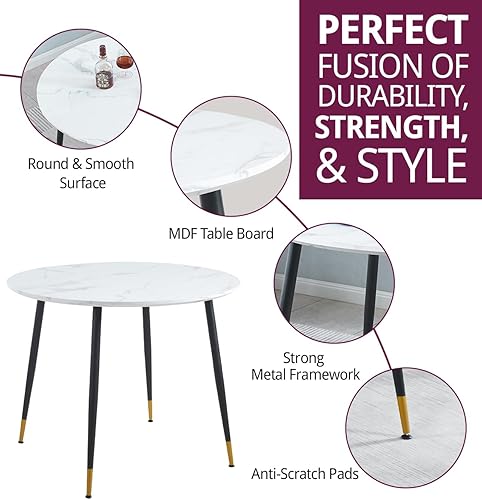 Hallowood Finley Petite Table Ronde de Salle à Manger avec Plateau Effet Marbre Blanc et Pieds en Métal Noir - Nail Gallerys
