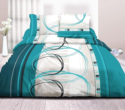 Le linge de Jules Parure Drap Plat + Drap-Housse 140x190 + 2 T - Pur Coton 57 Fils - Roue L Turquoise - Nail Gallerys