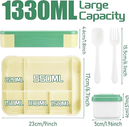 MQVXT Lunch Box Enfant,Boite à Repas 1330ML Avec 5 Compartiments,Enfant Adulte Bento Box,Bento Lunch Box sans BPA,Anti-Fuite Boîte à Repas pour Le Pique-Nique,L'école,Le Travail (Vert) - Nail Gallerys