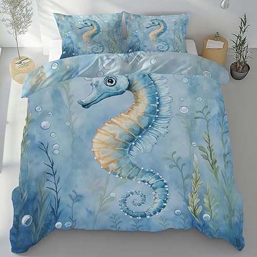 Yidbhsse Hippocampe Animaux Parure de lit 140x200, Parure de Drap Océan Animal Housse de Couette Microfibre Mer Bulle Parure de Couette Fermeture éclair avec 2 Taies d'oreiller - Nail Gallerys