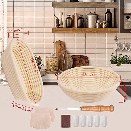 Banneton Pour Pain 23cm-Ronds et 25cm-Ovales, Rotin Kit Patisserie Professionnel,Banneton Panier D'épreuvage Set Comprend Coupe Pate Boulangerie à quatre lames, 2 Tissu en Lin - Nail Gallerys