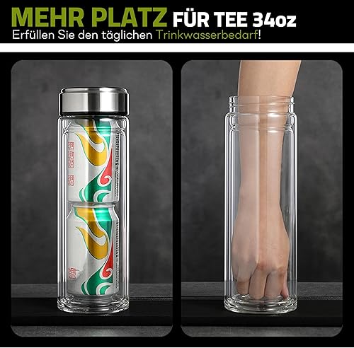 Pauzema Bouteille à thé en verre à double paroi avec passoire à emporter, grand volume de 1000 ml, 100 % étanche - Nail Gallerys