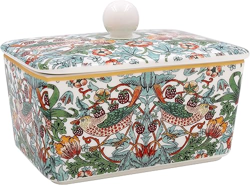 Beurrier en céramique avec couvercle – William Morris' Strawberry Thief (vert) - Nail Gallerys