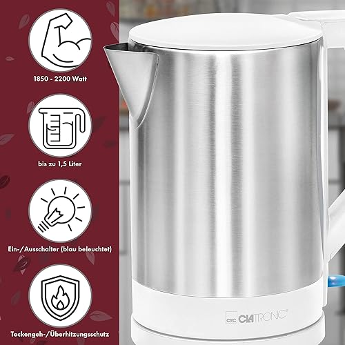 Clatronic Bouilloire, Kettle, Bouilloire 1,5 L avec arrêt automatique et manuel, connecteur rotatif à 360°, sans BPA, max. 2200Watt, Bouilloire blanche, WKS 3692 - Nail Gallerys
