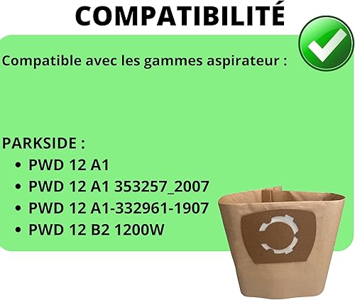 Sac aspirateur pour Parkside PWD 12 A1 / PWD 12 A1 353257_2007 / PWD 12 A1-332961-1907 / PWD 12 B2 1200W sacs poussière [Lot 10] Phonillico® - Nail Gallerys