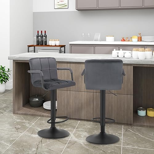 WOLTU Lot de 2 Tabourets de Bar Gris Foncé Assise rembourrée en Velours,Rotatif Réglable en Hauteur Pied Noir en métal - Nail Gallerys