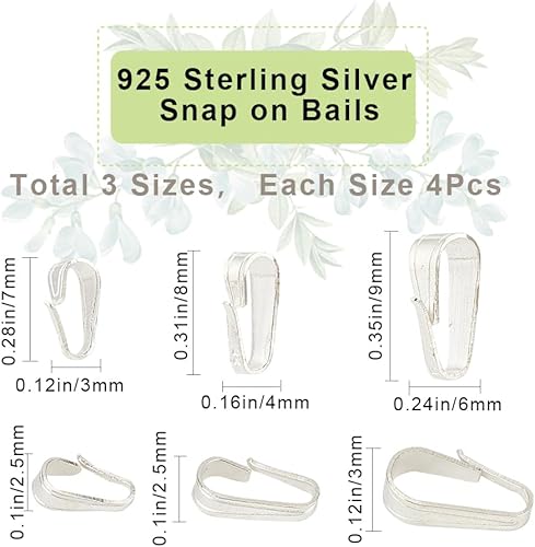 CREATCABIN 12 Pcs 3 Taille Snap on Bails 925 Sterling Silver Pinch Bails Crochet Clip Fermoir Pendentif Fermoir Charmes Perles Connecteurs Accessoires Vrac pour Fabrication Bijoux DIY Boucles 7~8~9mm - Nail Gallerys