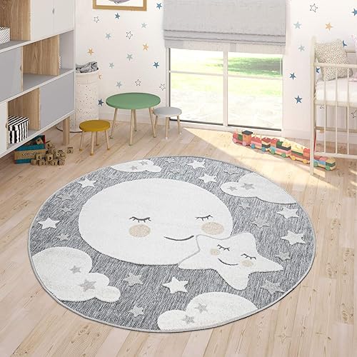 Paco Home Tapis Chambre d'enfant Tapis Extérieur Rond Tapis Jouet Enfant Garçon Fille, Dimension:120 cm Rond, Couleur:Crème - Nail Gallerys