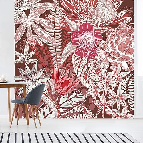 Papier peint intissé panoramique 250 cm X 250 cm, motif floral rouge, fleurs et feuillages de la jungle tropicale. - Nail Gallerys