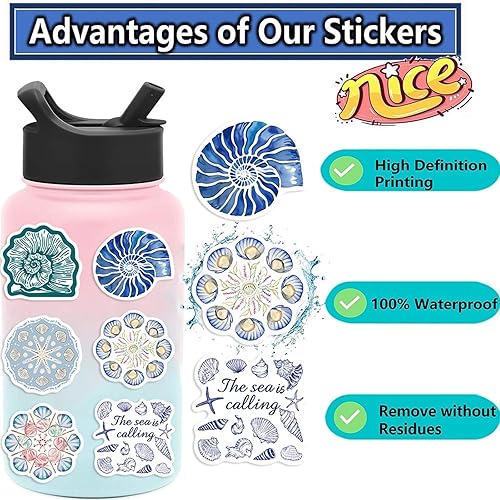 50 Été Mer Autocollants, Bleu Animaux des Fonds Marins Stickers, Autocollant étoile de Mer Hippocampe Méduse pour Enfants Ados Adultes Portables Thermos Skateboard Réutilisable Décoration DIY - Nail Gallerys