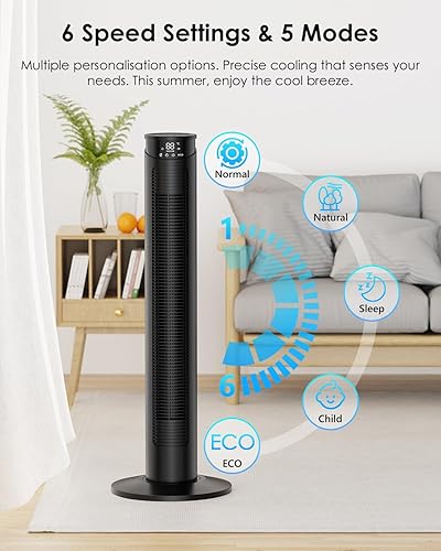 Ventilateur Colonne Silencieux, Ventilateur Tour avec Télécommande et Écran LED, 5 Modes de Vent et 6 Vitesses, Fonction Oscillation à 70°, Minuterie de 1-12 Heures - Convient pour Maison/Bureau - Nail Gallerys