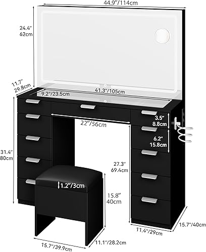 YITAHOME Grande Coiffeuse avec éclairage LED réglable et Prises, avec Miroir, 11 tiroirs et Tabouret, Noire - Nail Gallerys