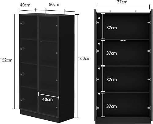 DAWNSPACES Vitrine avec LED et Portes en Verre,Vitrine avec Design Pop-up,Vitrine en Verre avec étagères à 4 Niveaux,Vitrine de Salon,Cadre en Aluminium,Noir,80x40x160cm - Nail Gallerys