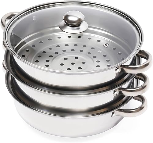 Casserole à vapeur à 3 étages en acier inoxydable avec couvercle en verre et poignées pour cuire et cuire à la vapeur de la viande et des légumes, compatible avec les cuisinières à induction et les - Nail Gallerys