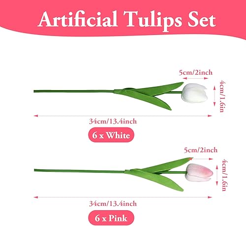 Lot de 12 Tulipes Artificielles avec 2 Couleurs Fleurs Faux Fleurs Tulipes en Latex Real Touch pour Fête Maison Décoration De Mariage et DIY Décor (Blanc & Rose) - Nail Gallerys