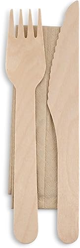 BIOZOYG Couverts en bois Set couteau & fourchette en bois avec serviette 16 cm I Revêtement bio I Ideal pour les snack & fêtes I Biodégradable & sans plastique I 250 pcs - Nail Gallerys