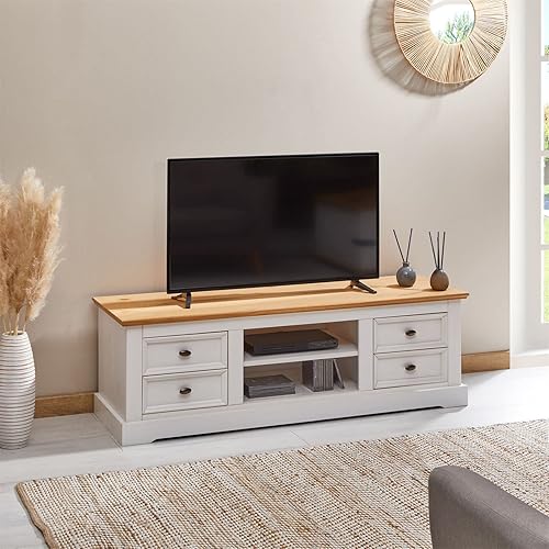 IDIMEX Meuble TV Kent L 144 cm en Bois Massif Blanc et Brun avec Rangement 4 tiroirs et 2 niches pour télévision jusqu'à 60 Pouces 144 x 46 x 45 cm - Nail Gallerys