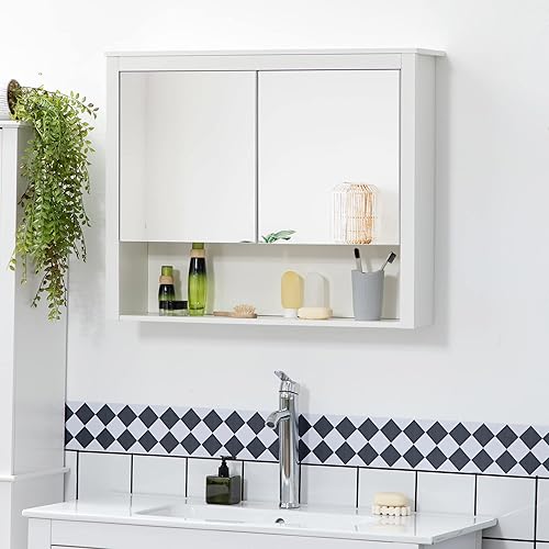 HOMCOM Armoire de Salle de Bain avec Miroir, Armoire Murale de Salle de Bain, avec étagère de Rangement Ouverte, 2 Portes-Miroir, 80 x 20 x 65 cm, Blanc - Nail Gallerys
