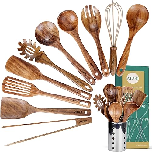 Ensemble d'ustensiles de cuisine avec support, ustensiles de cuisine en bois pour la cuisine, ustensiles en bois de teck naturel pour la cuisine, ensemble d'ustensiles de cuisine en bois avec spatule - Nail Gallerys