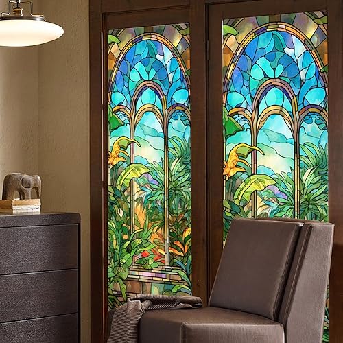 Creperture Film de Fenêtre pour Vitrail Amovible Motif Plante Décoratif Anti-UV Statique et Non Adhésif pour Décoration de Fenêtre de Salle de Bain, Chambre à Coucher, 45 x 100 cm - Nail Gallerys