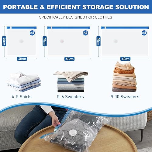 Vacbird Sac Sous Vide Vêtements avec Pompe USB, 12 Sac Rangement Sous Vide Aspirateur (4x 40x40cm, 4x 40x50cm, 4x 40x60cm), Réutilisables et Portables, Idéal pour Rangement Vêtements et Voyages - Nail Gallerys