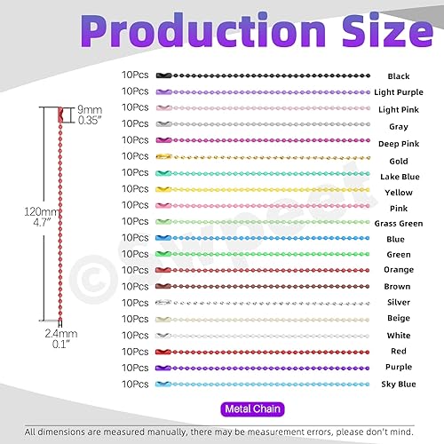 Swpeet Lot de 200 chaînes de perles de 20 couleurs avec assortiment de connecteurs, chaîne de perles en métal, porte-clés en vrac, chaînes de suspension en métal pour décoration de Noël, bijoux, - Nail Gallerys