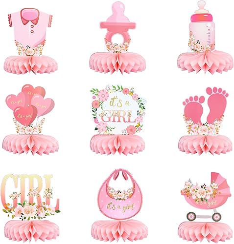 Goiern 9 pièces Décorations Baby Shower Roses Centres en Nid d'abeille pour Filles Fleurs C'est Une Fille Révélation de Sexe Centre de Table Articles de Fête Bébé Fille - Nail Gallerys