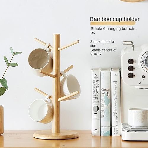 Étagère en bois de bambou avec 6 crochets en bois pour tasse à thé, tasse à café, organisateur d'accessoires pour tasse de cuisine, compteur et affichage des couverts, rangement et séchage (carré) - Nail Gallerys