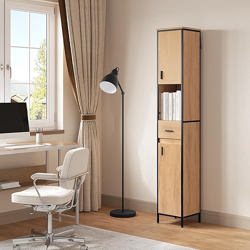 EUGAD Colonne Salle de Bain, Meuble Salle de Bain Rangement, avec 1 Tiroir, 2 Placards à Porte, 1 Casier Ouvert, Étagères Réglables, 30x30x180cm, Chêne Clair+Noir - Nail Gallerys