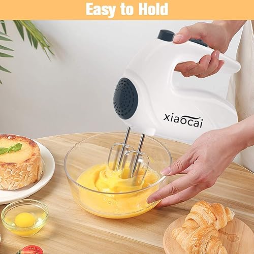 Leaflai Batteur électrique Cuisine, Mixeurs Plongeants Cuisson, 5 Vitesses, 2 fouets, 2 Crochets Pétrisseurs, 1 Manuellement Fouet, Blanc/Acier Inoxydable - Nail Gallerys