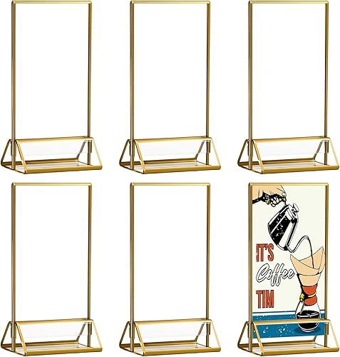 LEKEFETO Lot de 6 présentoirs de table : cadre photo doré double face 10 x 15 cm - Présentoir de comptoir en T - Porte-cartes de table pour mariage, numéros de table, porte-menus, cadres photo - Nail Gallerys