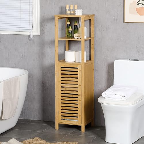 kleankin Meuble Colonne Salle de Bain en Bambou, Armoire de Salle de Bain Haute avec 2 étagères Ouvertes et Placard, Meuble de Rangement pour Salon, WC, 32,9 x 29,9 x 120 cm, Bois Naturel - Nail Gallerys