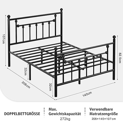 VECELO Cadre de lit 140 x 200 cm - Lit en métal avec tête de lit Haute - Lit Double Minimaliste Moderne pour Chambre à Coucher, Chambre d'amis, Beaucoup d'espace de Rangement sous Le lit, Noir - Nail Gallerys