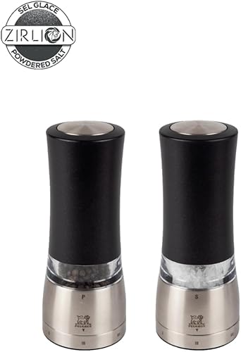 PEUGEOT - Duo Moulin à Poivre + Moulin à Sel Électriques Daman u'Select 16 cm - 6 Réglages De Moutures - Innovation Sel Glace, Mécanisme Zirlion - En Inox, Finition Noire Irisée - Designé En France - Nail Gallerys