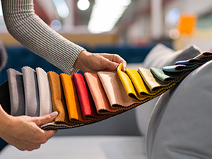 Livre d'échantillons présentant plusieurs échantillons de tissus ou de matériaux de différentes couleurs, disposés sur un présentoir semblable à un éventail.