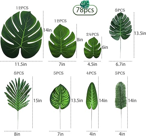 78 pièces de 8 Sortes de Feuilles artificielles, Feuilles de Palmier Tropicales, - Nail Gallerys