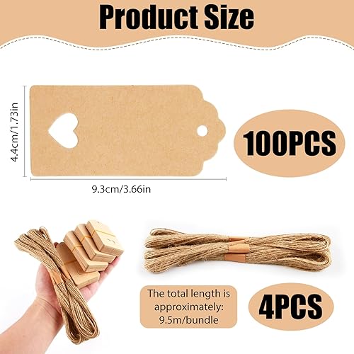 Lot de 100 étiquettes en papier kraft avec 40 m de ficelle de jute, étiquettes cadeaux, faites à la main, étiquettes en papier kraft pour Saint-Valentin, cadeaux de mariage (marron, 4,5 x 9,5 cm) - Nail Gallerys