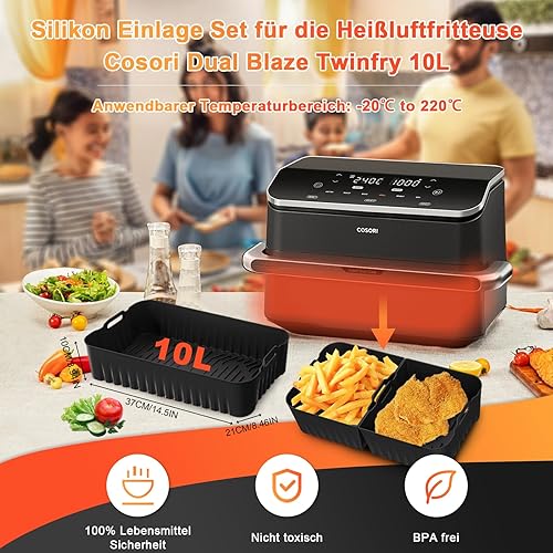 Moule Silicone Air Fryer pour COSORI Foodi Flex 10L Twinfry - 17Pièces Air Fryer Accessoires - 1x10L + 2x5L Silicone Réutilisable Plat, Grille Racks, Accessoires pour Cuisine - Nail Gallerys