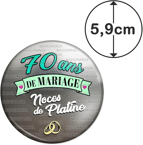 Badgmania Magnet Aimant Frigo 5.9 cm 70 Ans de Mariage Noces de Platine - Anneaux Anniversaire Mariage - Nail Gallerys