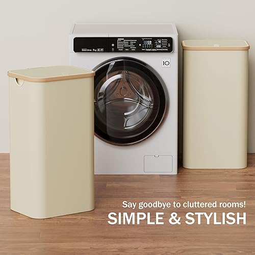 YOUDENOVA Panier à linge, avec couvercle, 100 l, étroit, sac à linge, pliable, avec poignée en plastique, haut, beige - Nail Gallerys