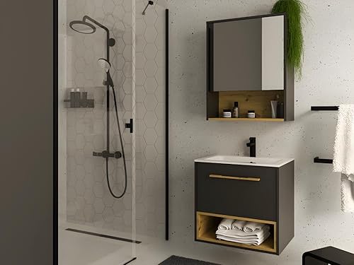 Vente-unique - Meuble de Salle de Bain Suspendu Anthracite avec Vasque à encastrer - 60 cm - YANGRA - Nail Gallerys