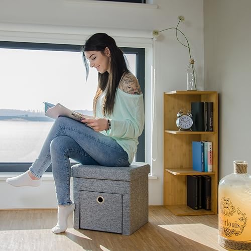 Relaxdays Tabouret de rangement carré pliant en lin avec couvercle compartiment pouf de stockage cube pliable repose-pieds HxlxP: 38 x 38 x 38 cm, noir - Nail Gallerys