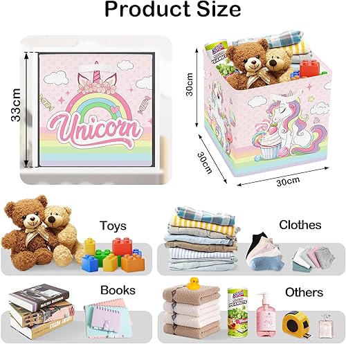 HUUMONSS 30cm Boîtes de Rangement Lot de 3 Licorne Livres Rangement de Vêtements pour Placard Étagères Coffre à Jouets Enfant Arc-en-ciel Desserts Macaron - Nail Gallerys