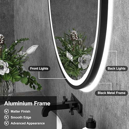 furduzz Miroir de salle de bain ovale à LED avec cadre noir, 500 x 700 mm, miroir de salle de bain éclairé avec touch/désembuage/3 couleurs, à intensité variable, montage mural, horizontal/vertical - Nail Gallerys