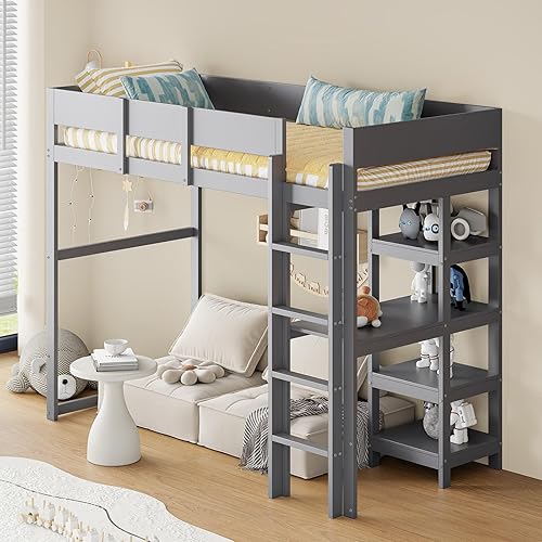 PUGSDRLY Lit Mezzanine Enfant 90x200cm,Lit Mezzanine 1 Place avec Bureau et étagères,Sommier à Lattes,Design de Clôture Haute,Cadre en Bois pour Enfant et Adolescent (Blanc) - Nail Gallerys