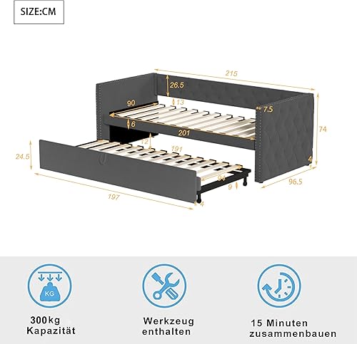 Canapé-lit gigogne 90 x 200 cm, Forme Pleine Classique avec Boutons, avec sommier à Lattes, lit d'appoint Multifonction, Tissu Velours, Gris (Matelas Non Inclus) - Nail Gallerys