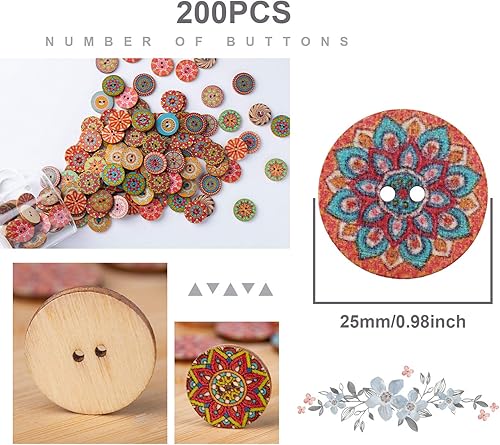 OTOTEC Lot de 200 boutons ronds en bois multicolores rétro avec 2 trous faits à la main pour bricolage, couture, loisirs créatifs, Multicolore, 25 mm - Nail Gallerys
