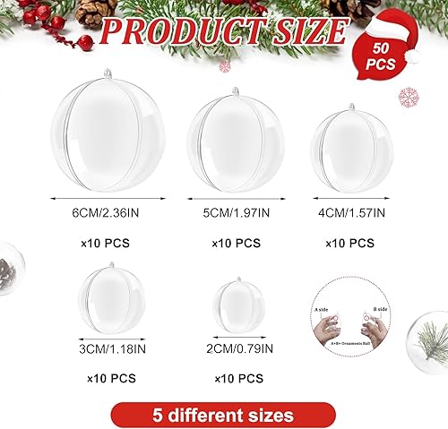 WZYTEU 50 Boules de Noël en Acrylique Transparentes à remplir pour Mariage, fête, Bricolage, décoration, avec Cordon en Caoutchouc Transparent et Ciseaux (2, 3, 4, 5, 6 cm) - Nail Gallerys