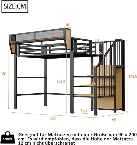 Seyakany Lit Mezzanine 90x200 avec Rangement sécurisé, échelles, lit Enfant avec étagère Flexible, Structure en métal, adapté aux Adolescents et aux Enfants, sans Matelas, Blanc - Nail Gallerys